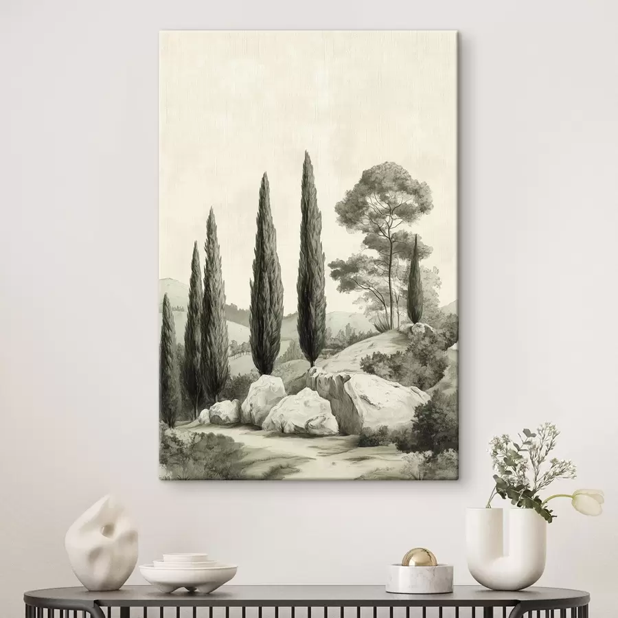 murales Paisajes de la Toscana, colores pastel, cipreses, rocas, estilo rústico s44307