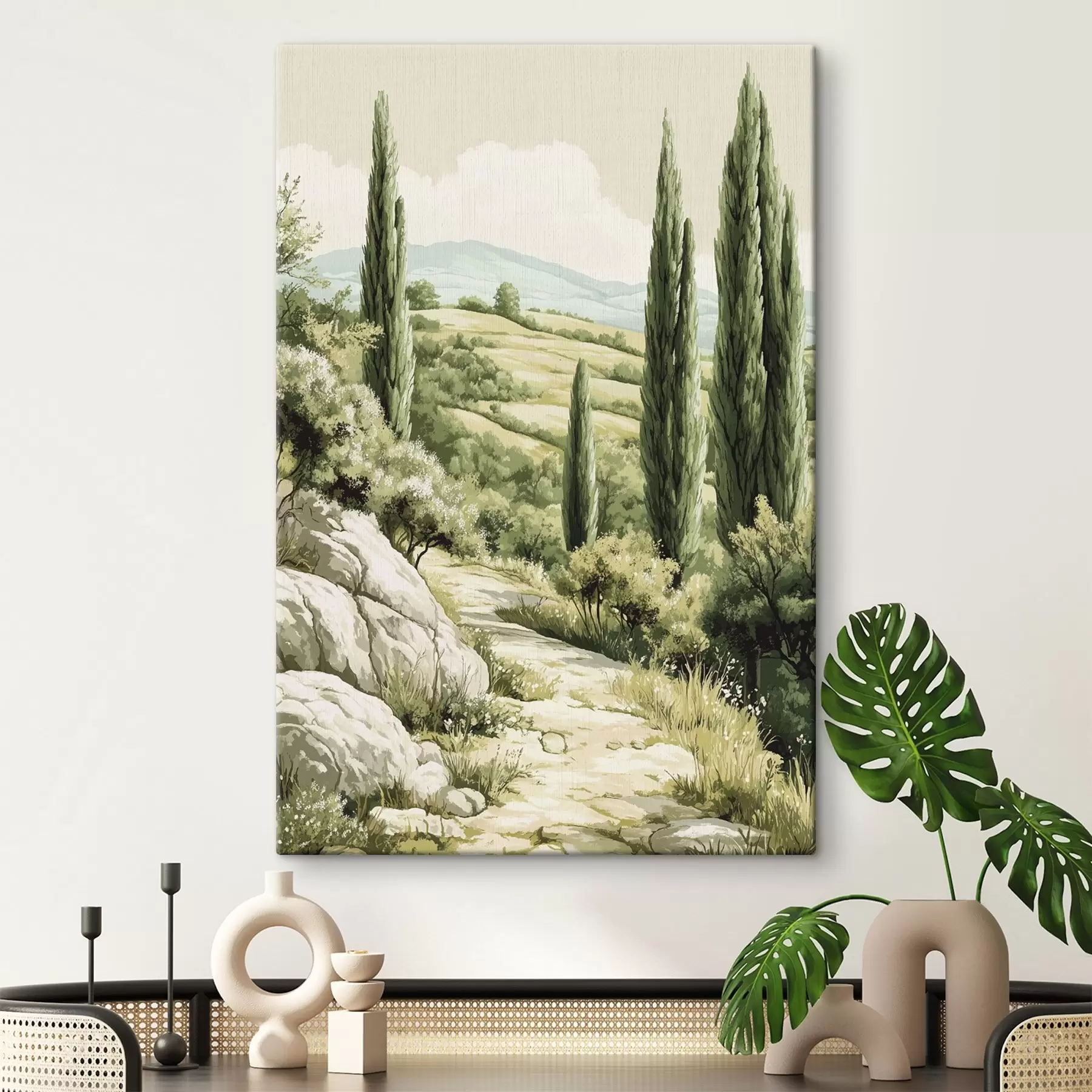 wall murals Summer landscapes with cypresses and green hills, rustic style s44308