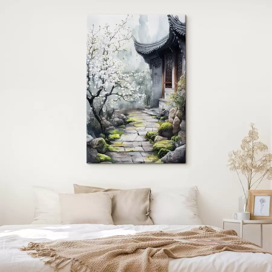 wall murals Japan garden with cherry tree and house, oriental, watercolor style s44309