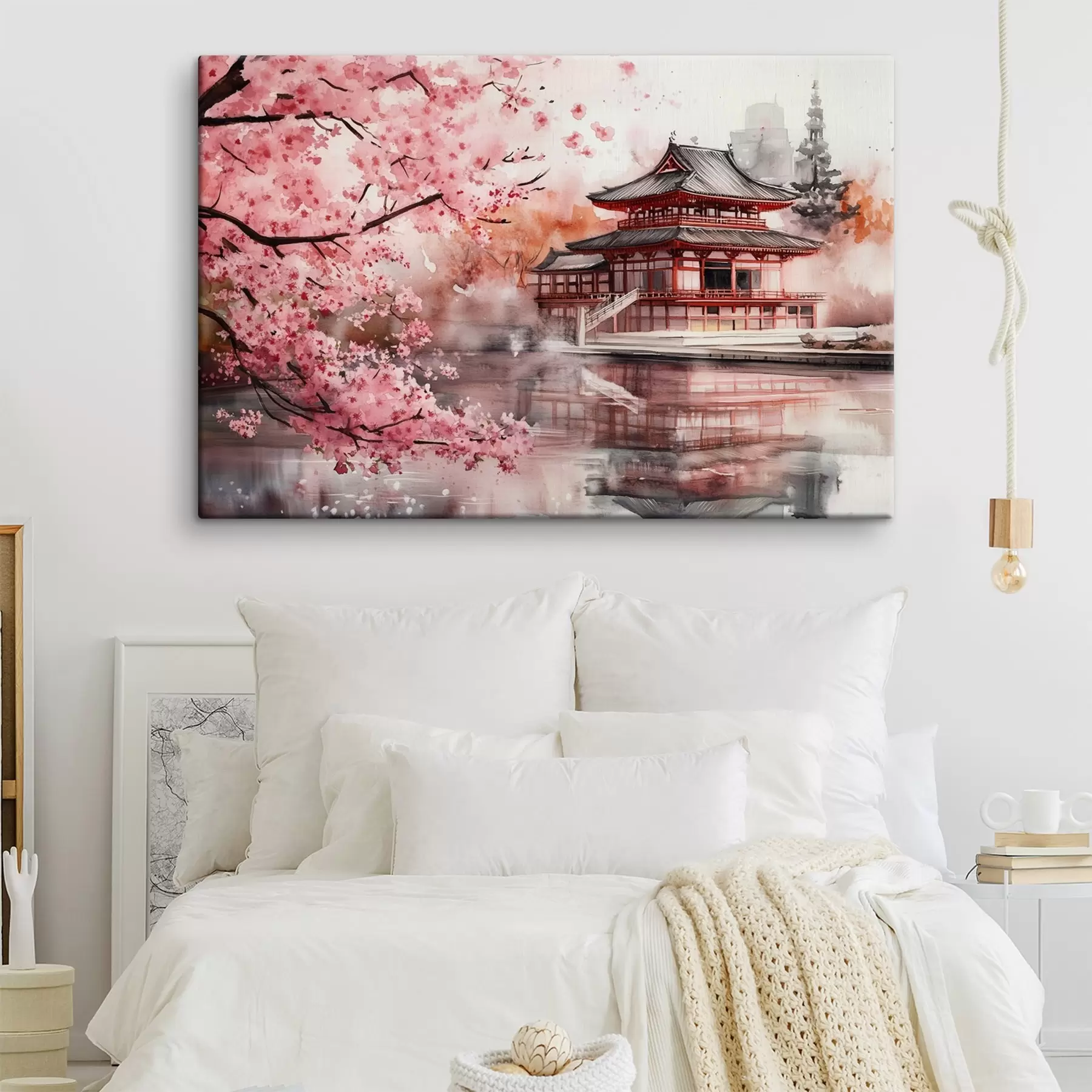 wall murals Beautiful Japan landscape with blooming cherry tree and house on the lake s44310