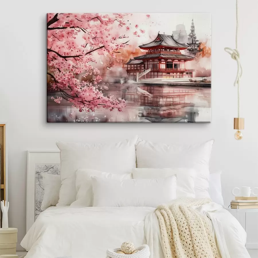 wall murals Beautiful Japan landscape with blooming cherry tree and house on the lake s44310
