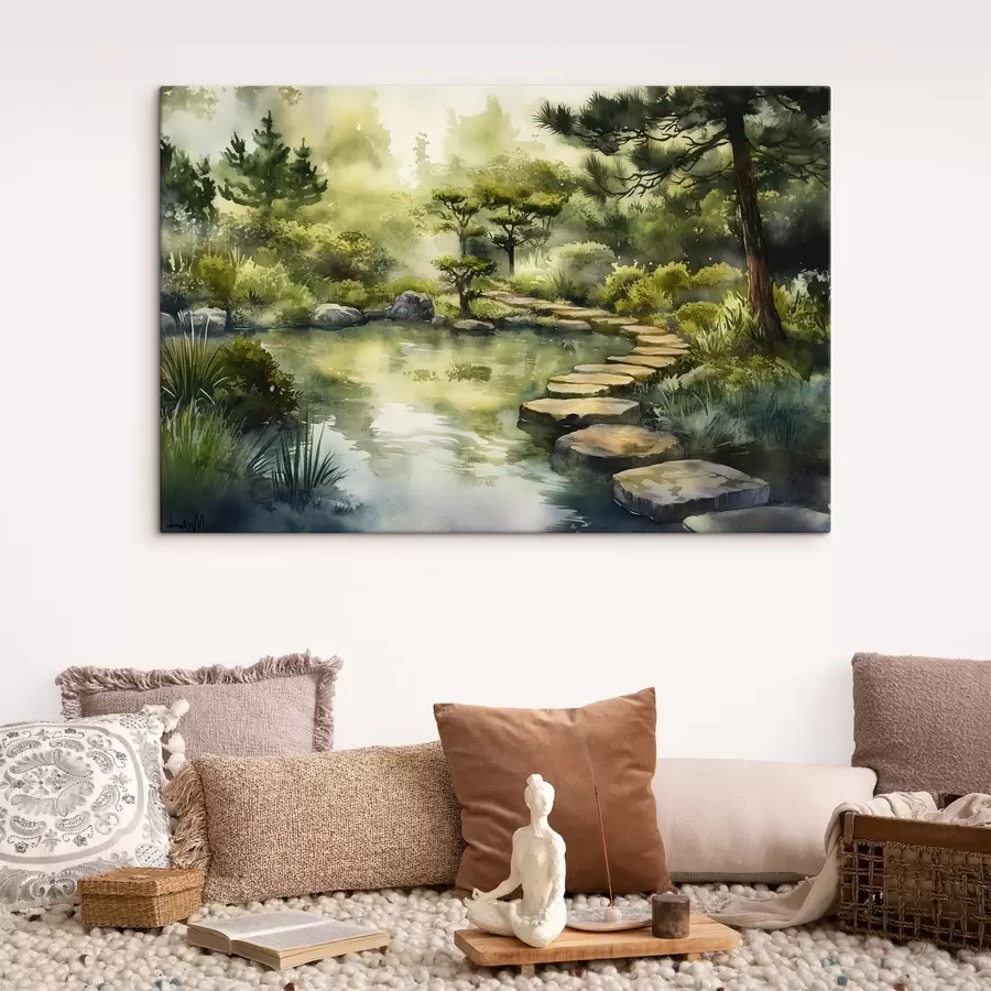 wall murals Oriental forest with rocks, pond and pine trees, greenery, watercolor style s44311