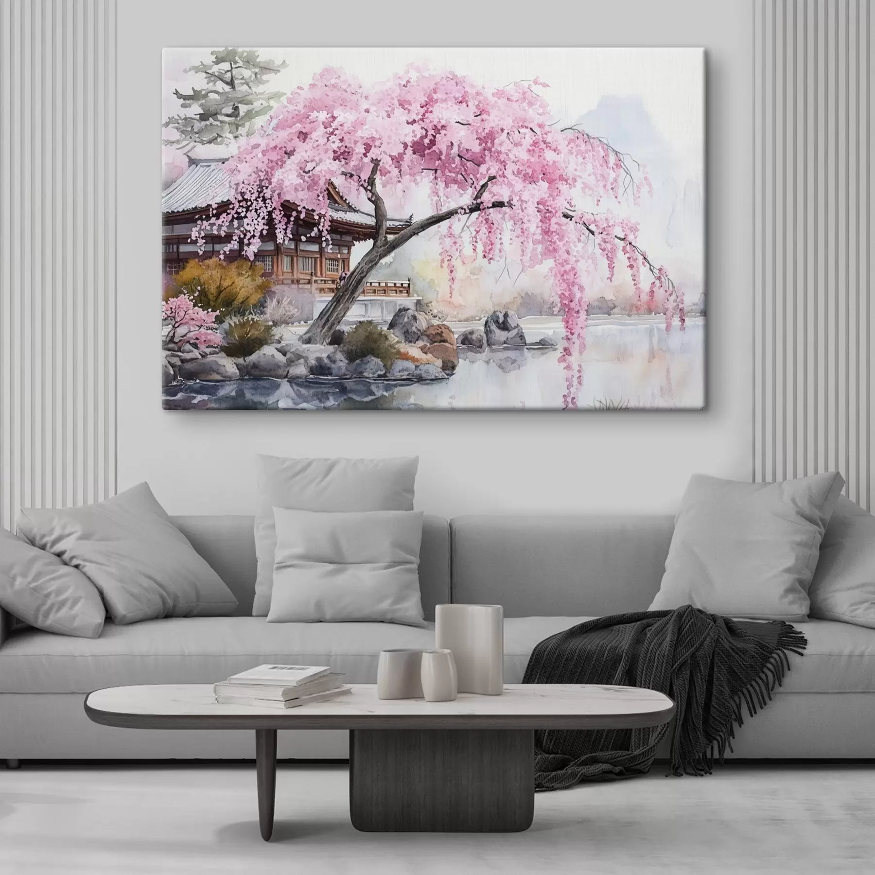 wall murals Pink cherrry tree near house on the lake, Japan, oriental, watercolor style s44312