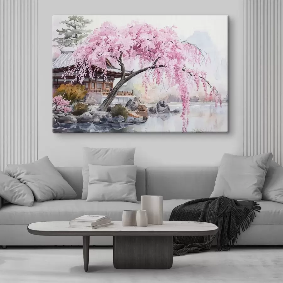 wall murals Pink cherrry tree near house on the lake, Japan, oriental, watercolor style s44312
