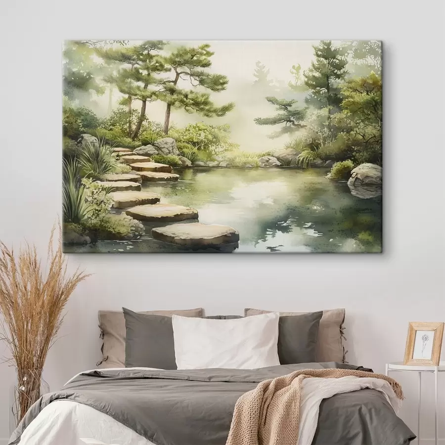 wall murals Oriental garden with lake and trees, nature, watercolor style s44313