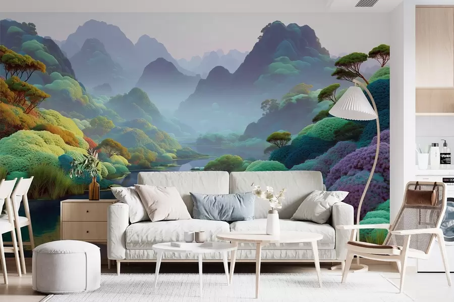 peintures murales Paysage de montagne avec une rivière dans les tons bleus avec des arbres et des buissons w09088