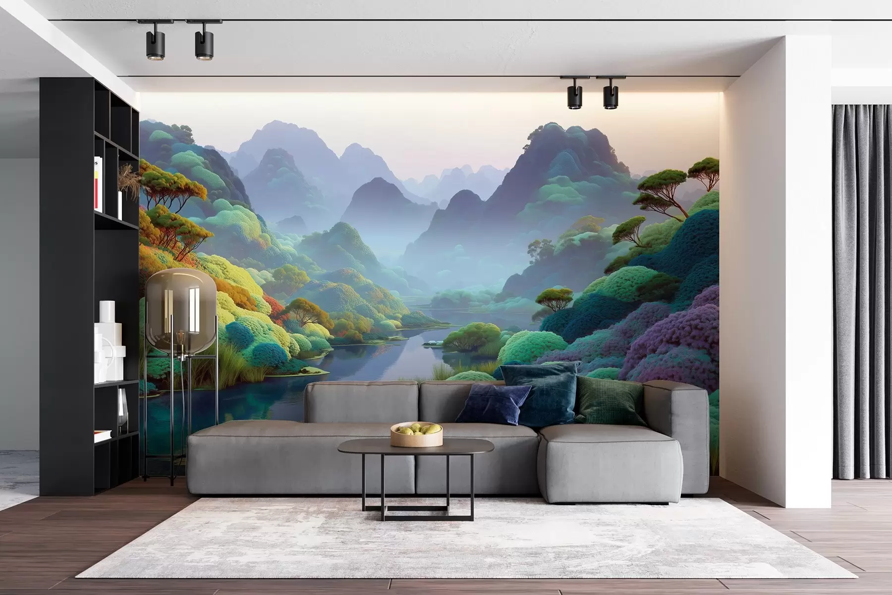 peintures murales Paysage de montagne avec une rivière dans les tons bleus avec des arbres et des buissons w09088