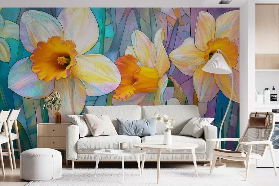 murais de parede Narcisos coloridos num fundo de vidro colorido azul-violeta w09092