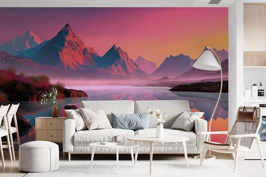 peintures murales Paysage romantique au coucher du soleil avec une rivière et des montagnes dans les tons roses w09093