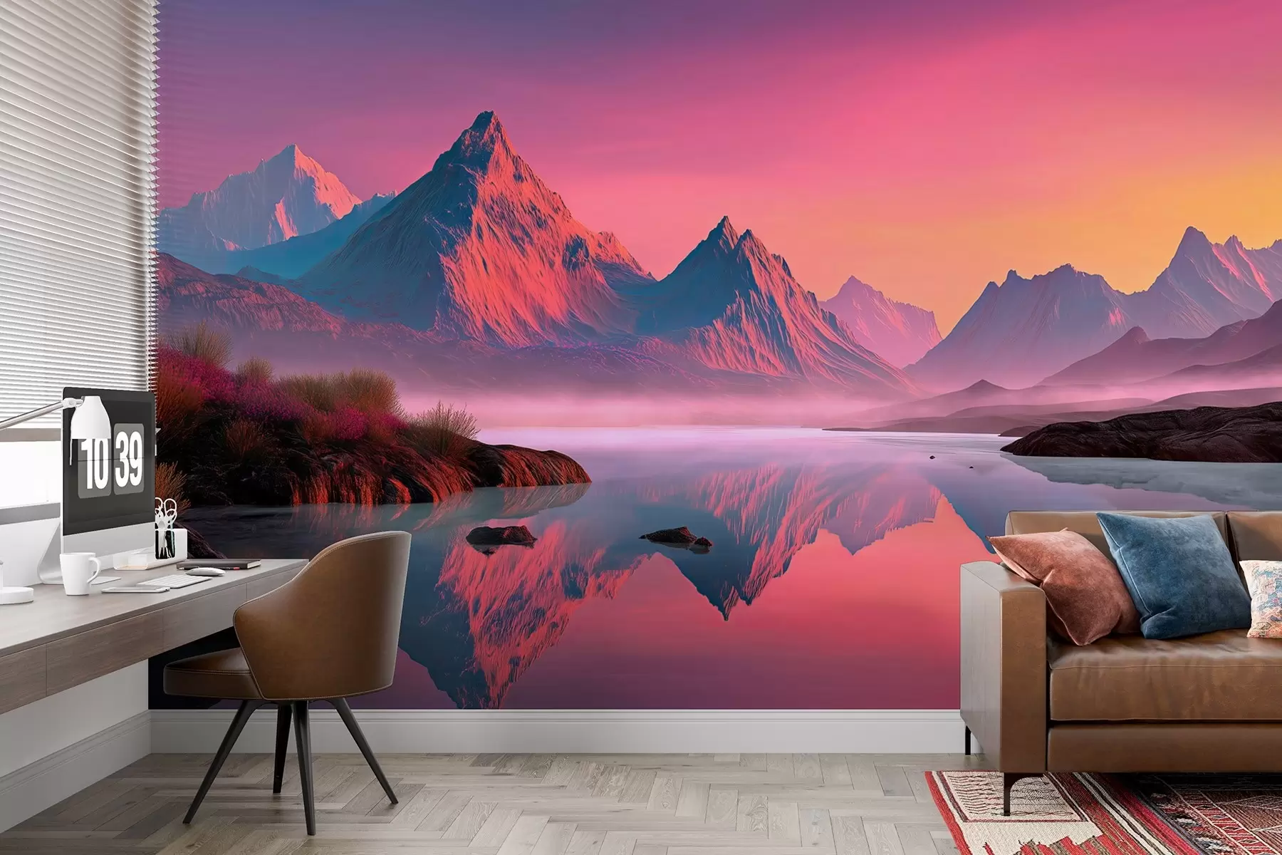 Wall Mural Photo Wallpaper Romantic sunset landscape with a river and mountains in pink shades w09093