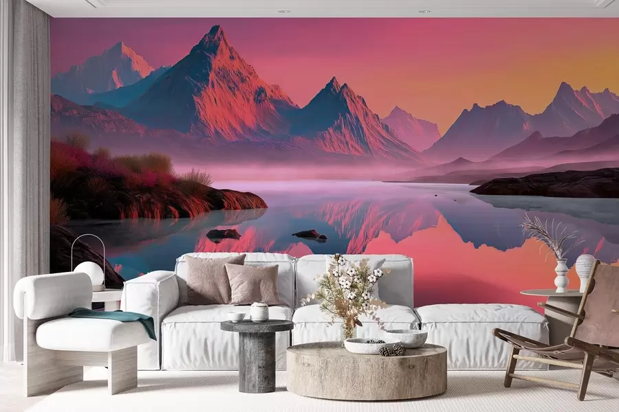 Wall Mural Photo Wallpaper Romantic sunset landscape with a river and mountains in pink shades w09093