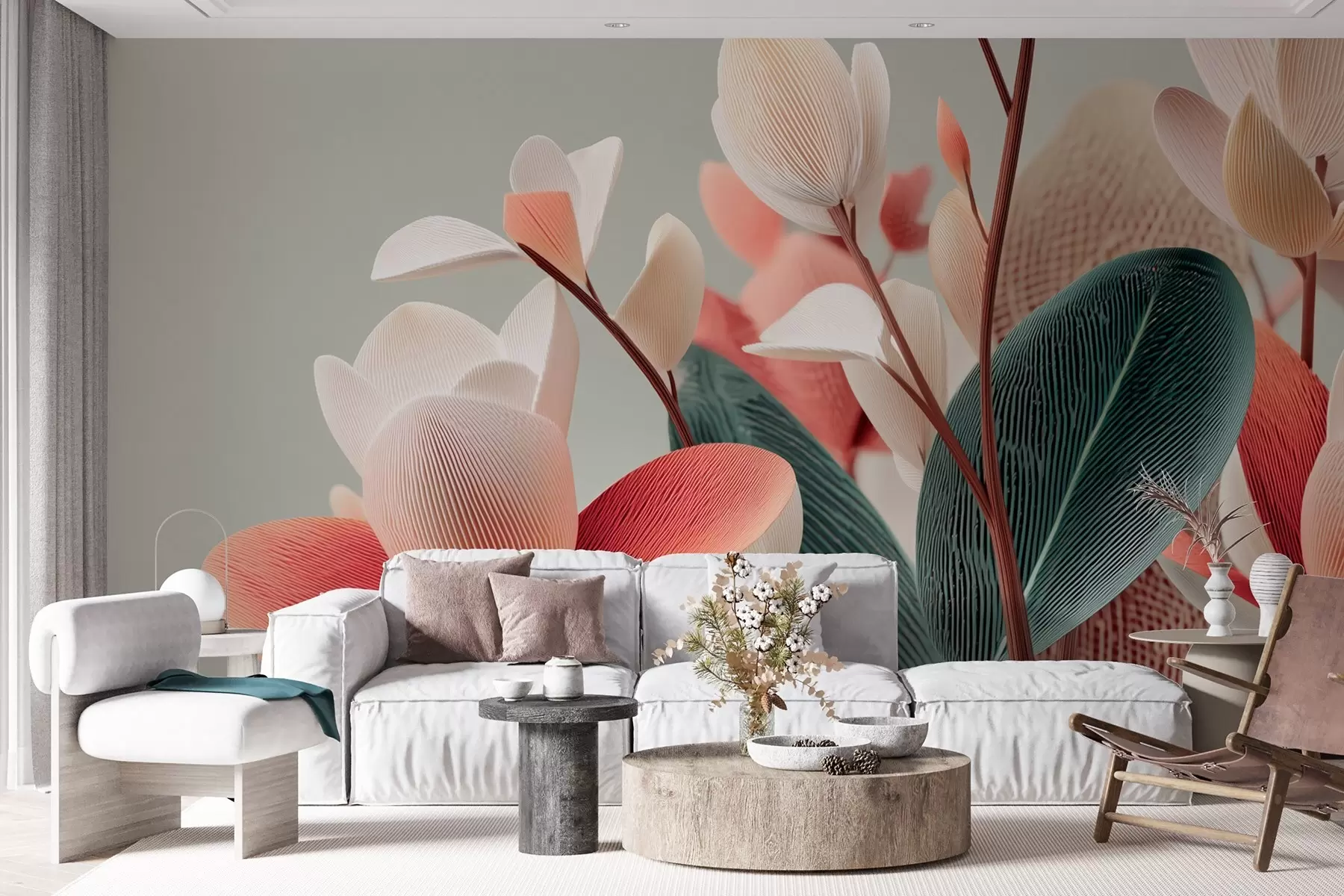 Wall Mural Photo Wallpaper Textured flowers and leaves in pastel and green tones w09094