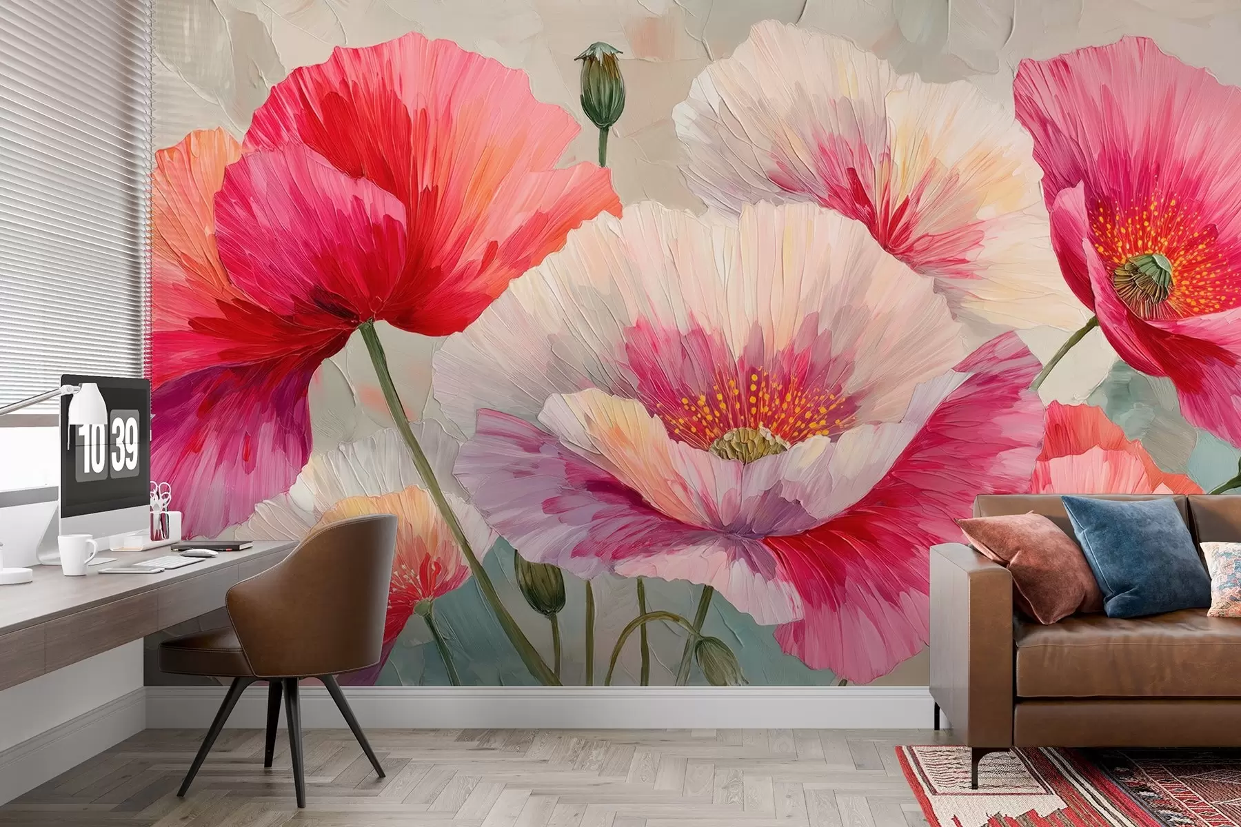murales Amapolas blancas y rojas al óleo con pinceladas atrevidas w09097