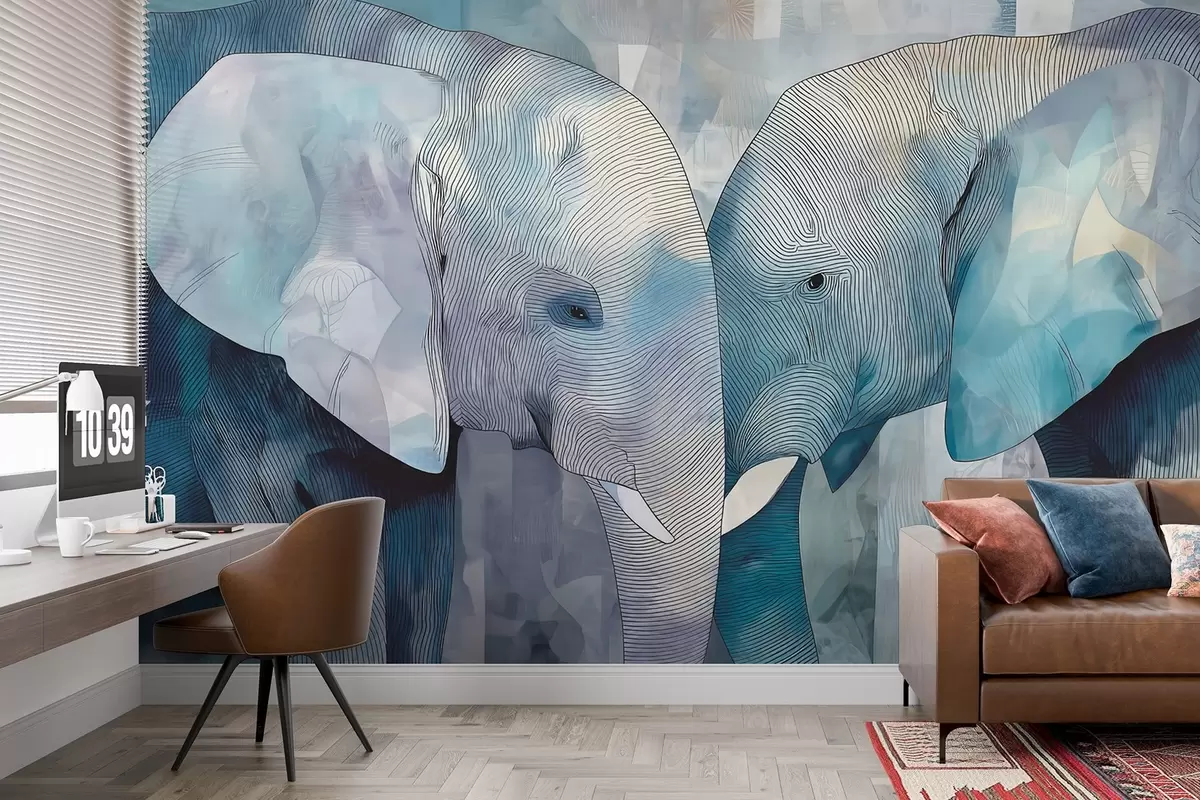 peintures murales Mignons éléphants bleus dans un style aquarelle w09098