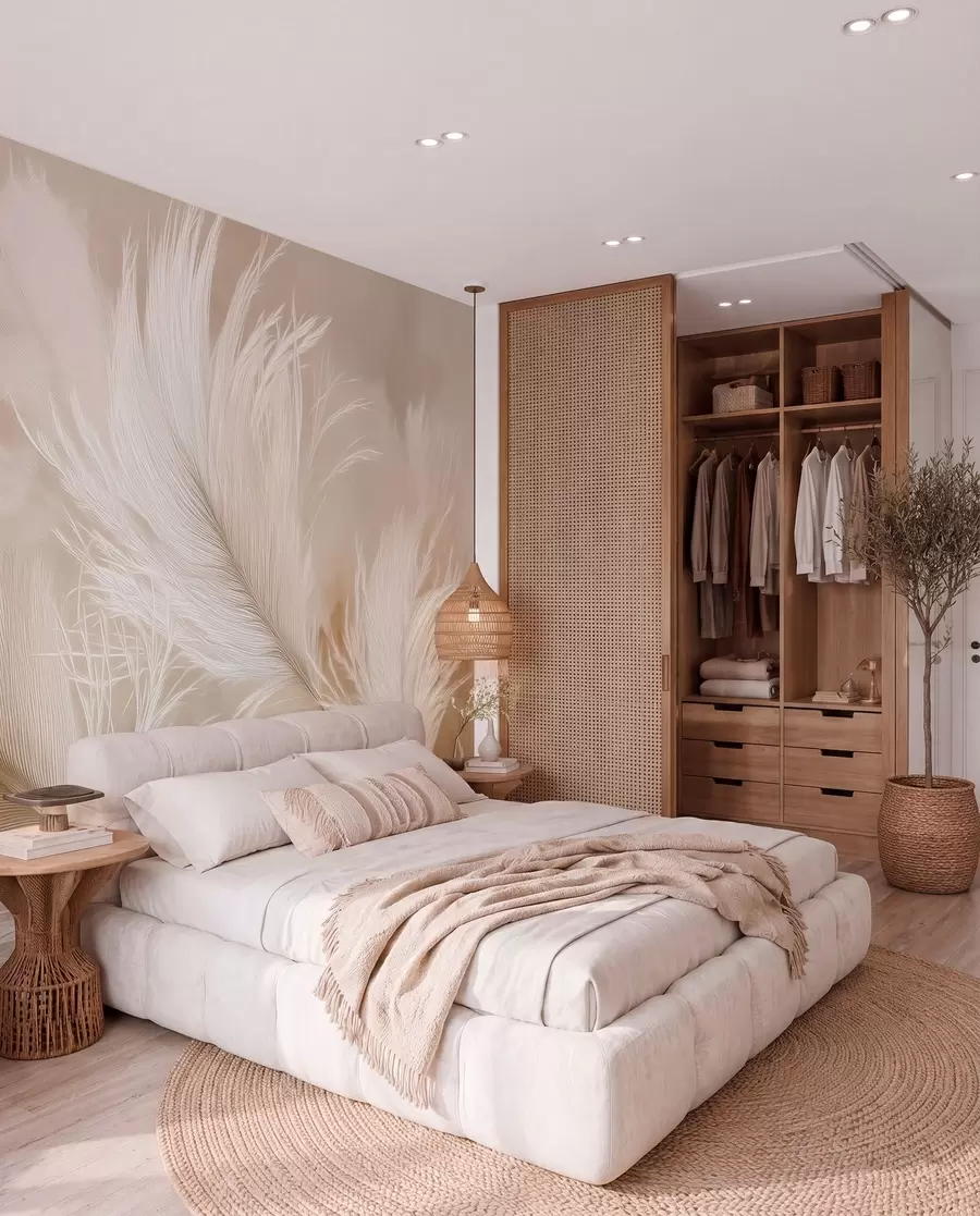wall murals Flying airy feathers on a beige background w09102