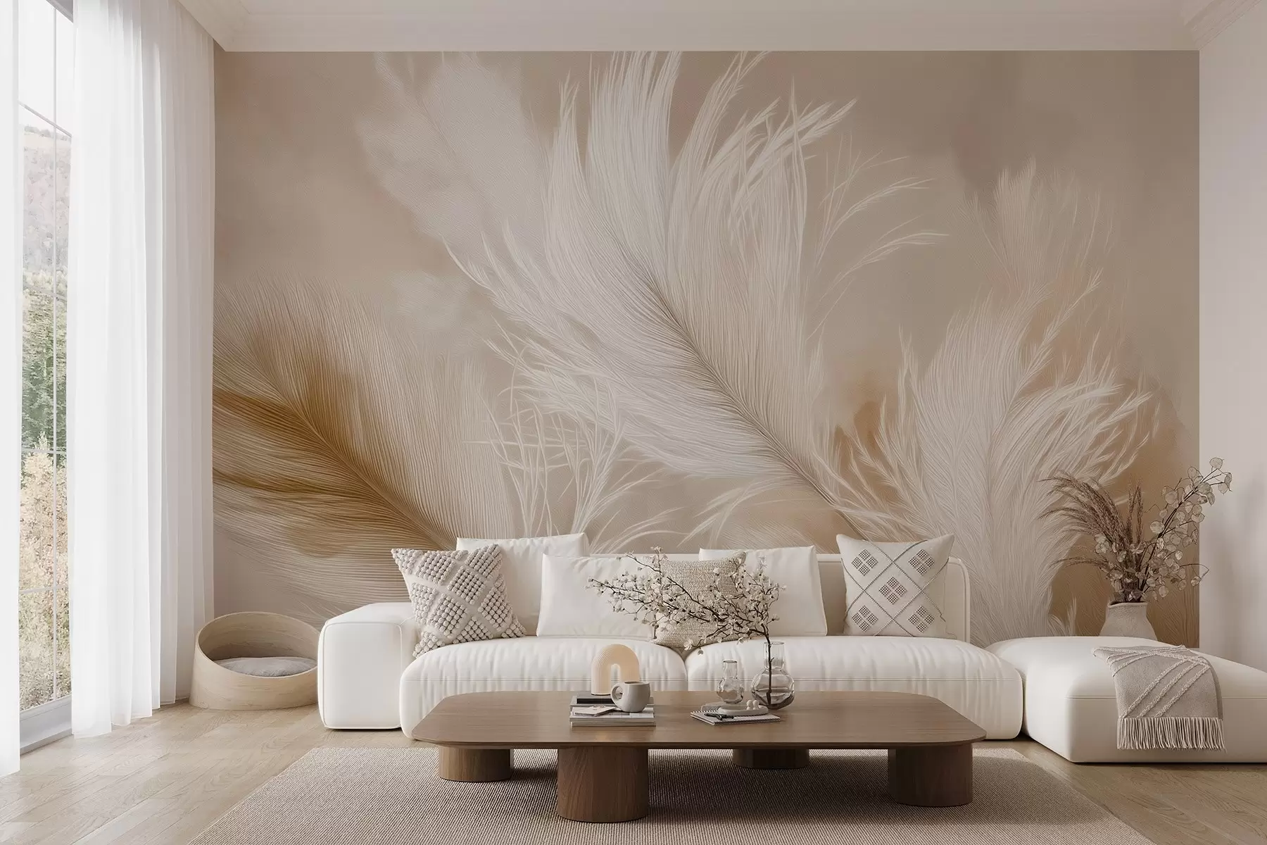 wall murals Flying airy feathers on a beige background w09102