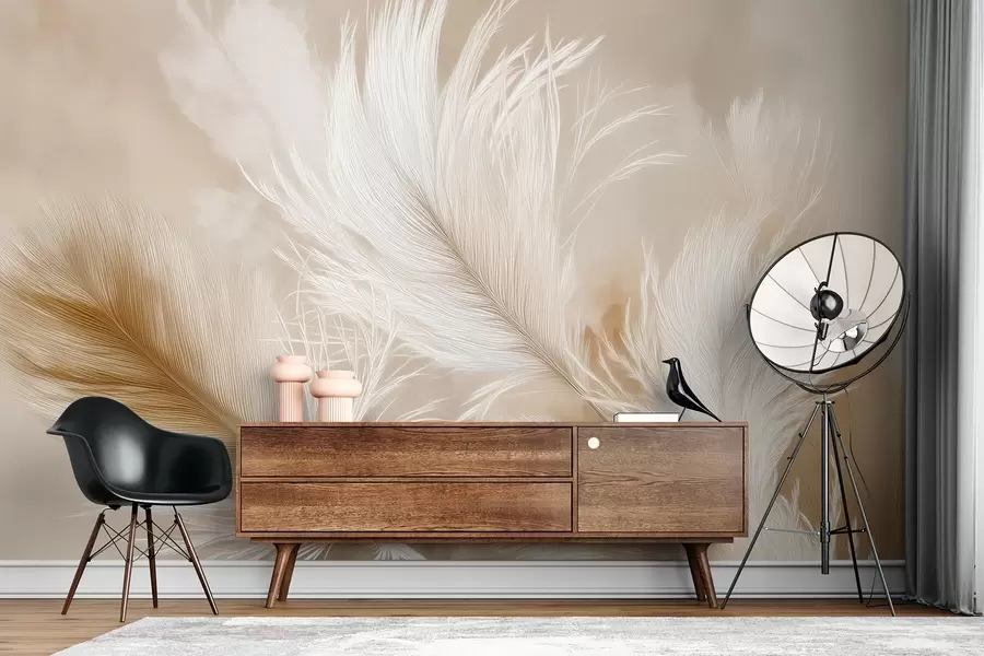 murales Plumas voladoras sobre fondo beige w09102