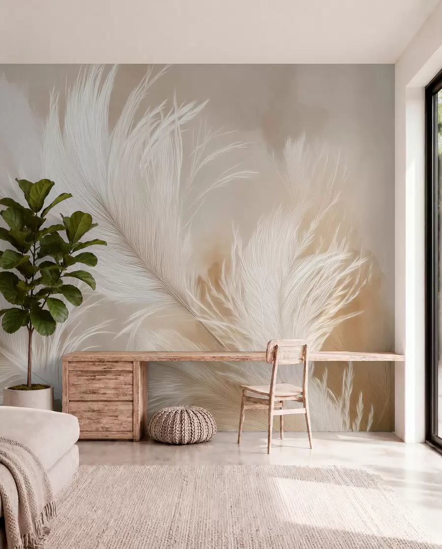 wall murals Flying airy feathers on a beige background w09102