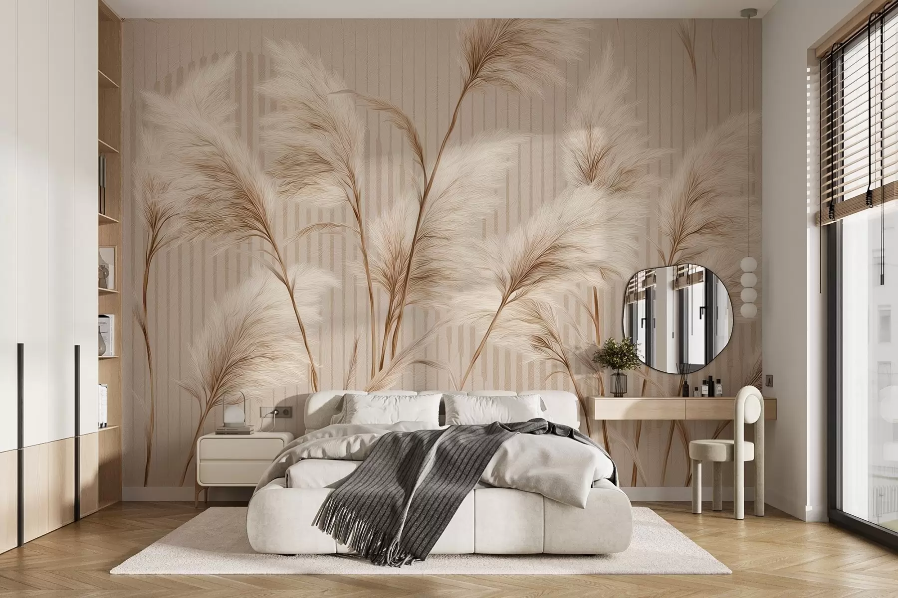 murales Hierba de la Pampa sobre un fondo de líneas en tonos beige w09104