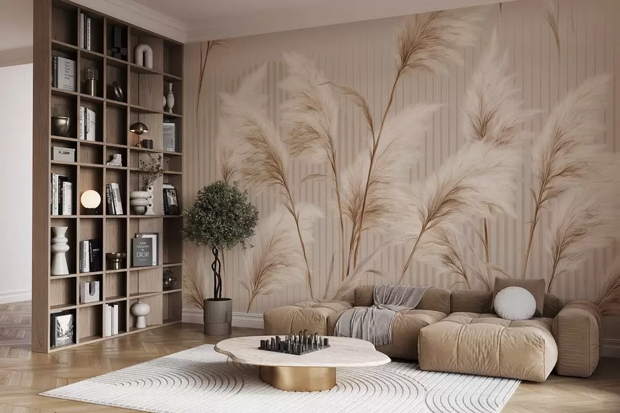 wall murals Pampas grass against a background of lines in beige tones w09104