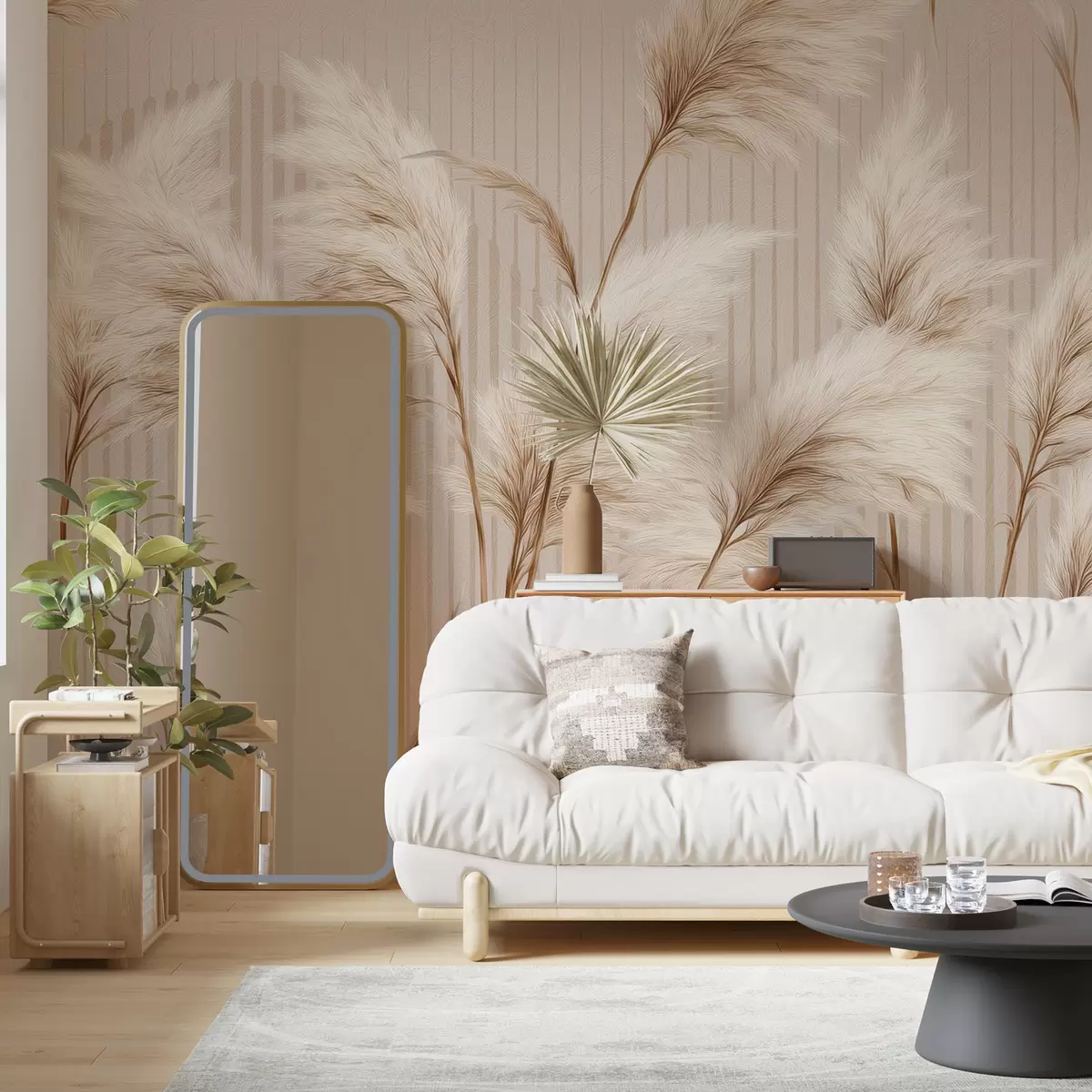 Wall Mural Photo Wallpaper Pampas grass against a background of lines in beige tones w09104