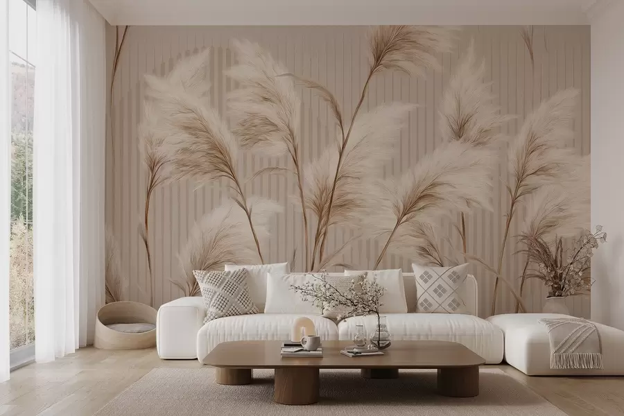 murales Hierba de la Pampa sobre un fondo de líneas en tonos beige w09104