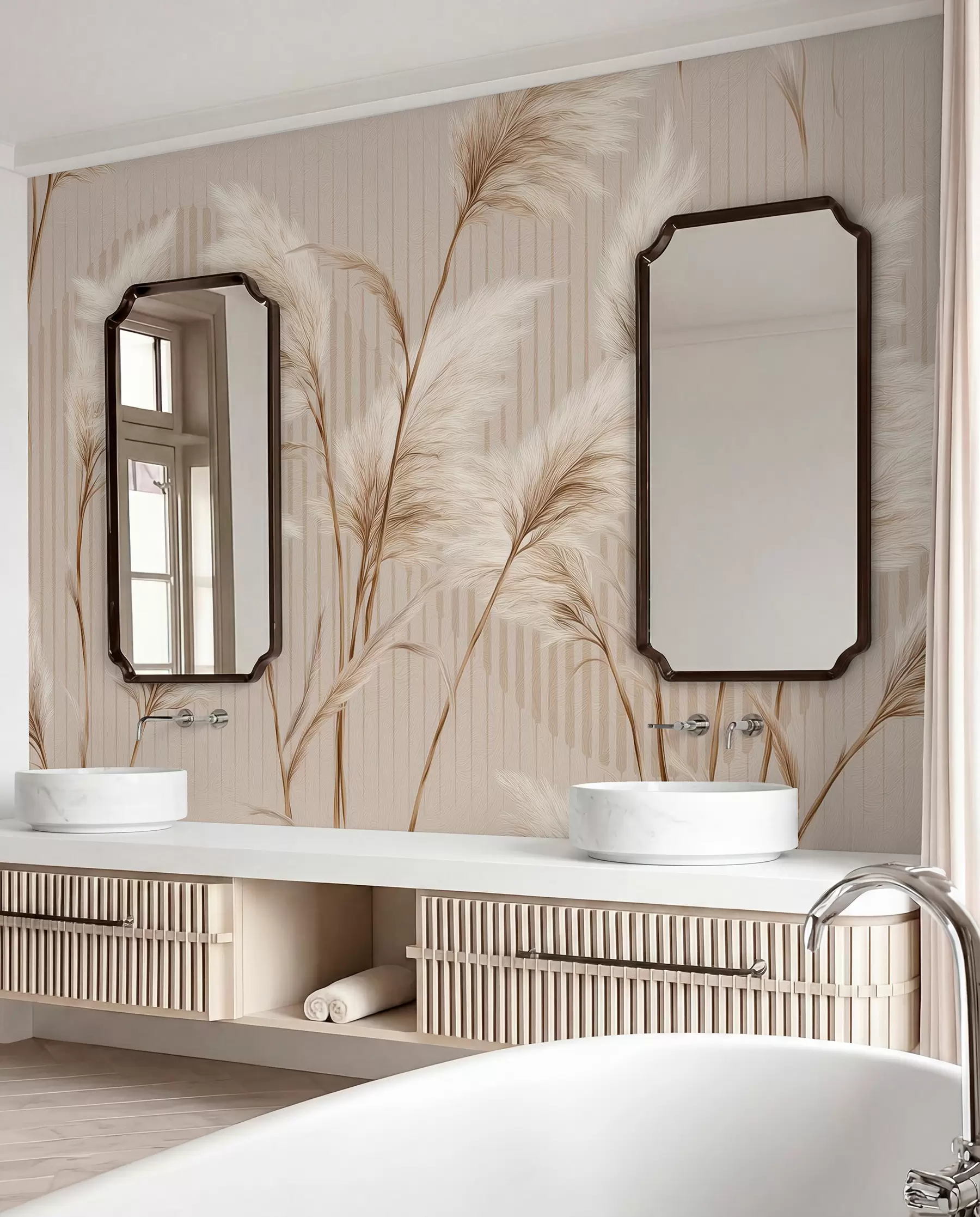wall murals Pampas grass against a background of lines in beige tones w09104