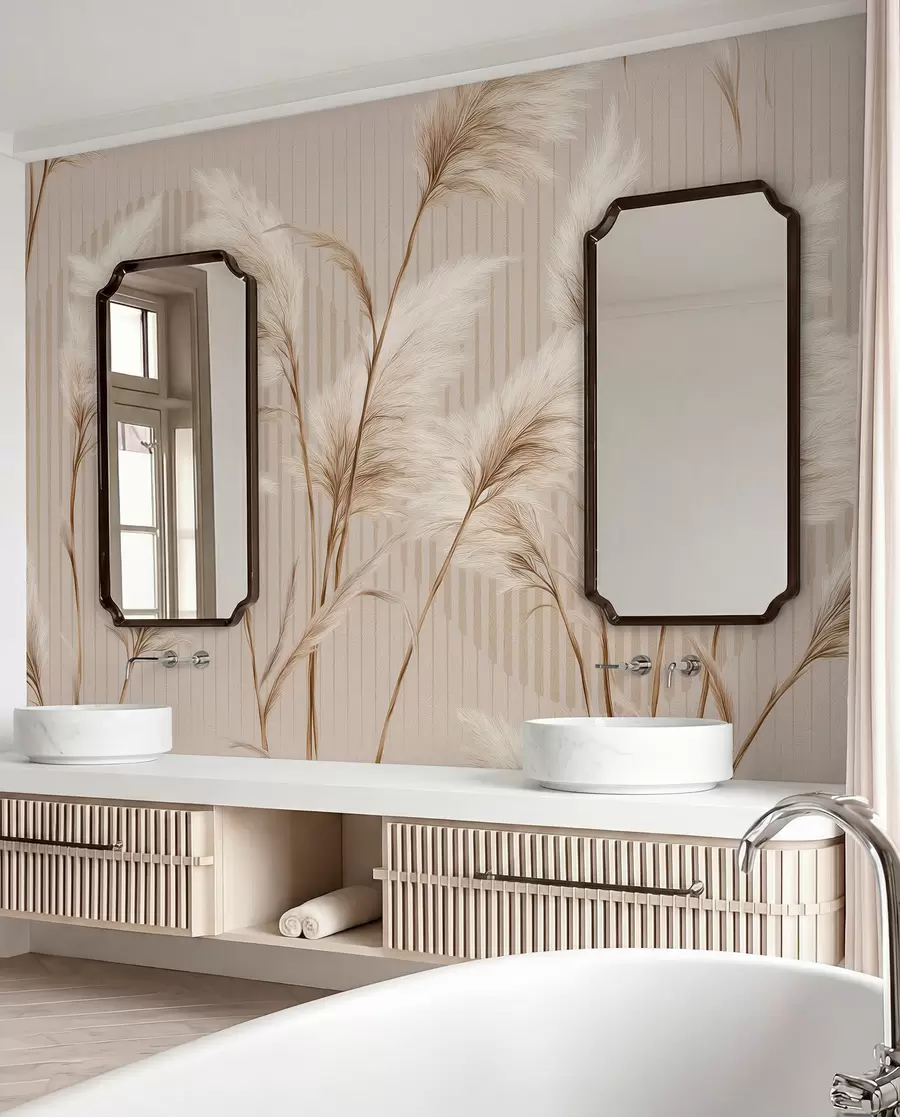 wall murals Pampas grass against a background of lines in beige tones w09104