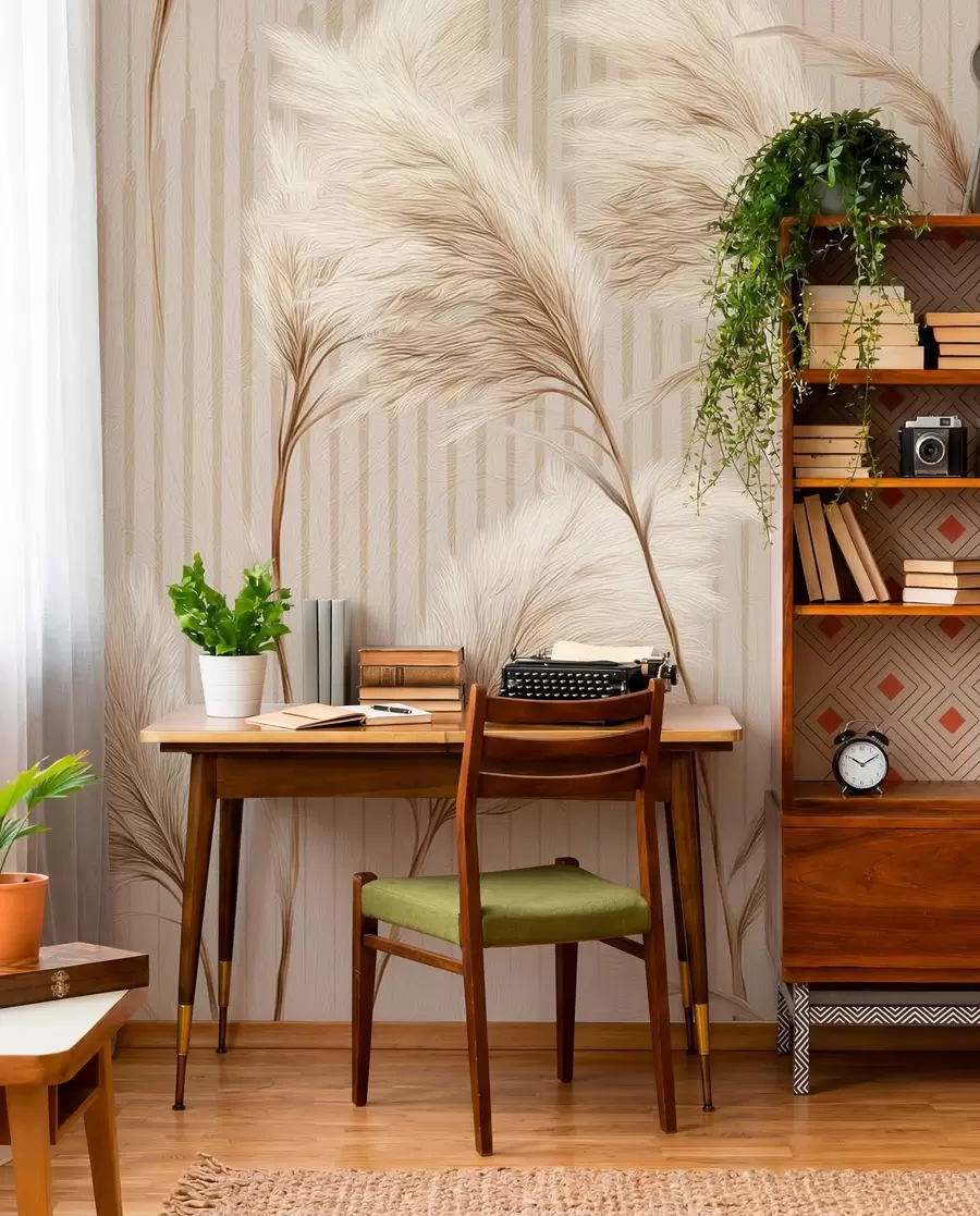 wall murals Pampas grass against a background of lines in beige tones w09104