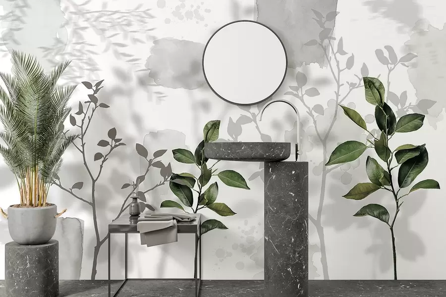 murales Hojas de limonero, ramas de arbol sombras, naturaleza, acuarela, verde w03910v1