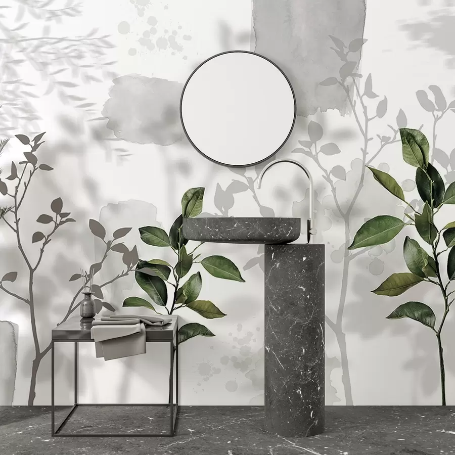 Wall Mural Photo Wallpaper Lemon tree leaves, tree branches shadows, nature, watercolor, green w03910v1