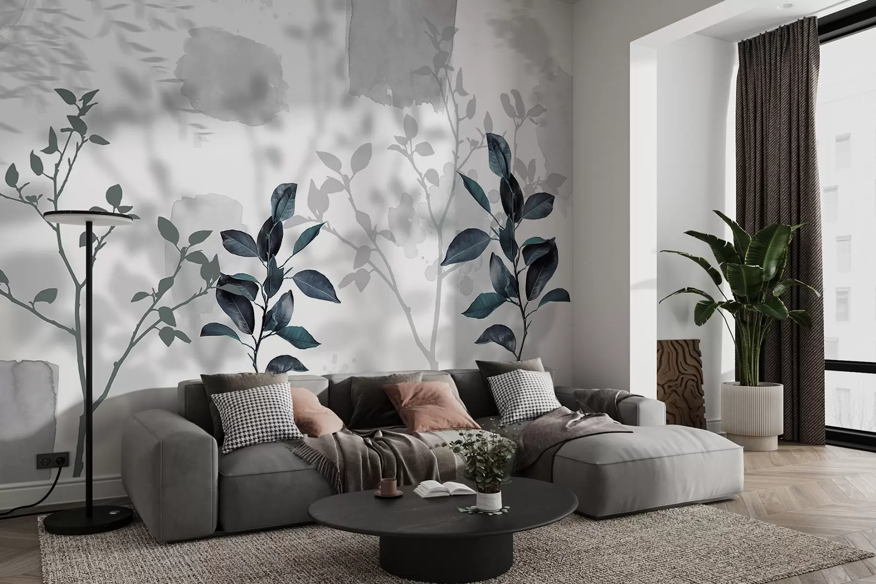 Wall Mural Photo Wallpaper Lemon tree leaves, tree branches shadows, nature, watercolor, blue w03910v2