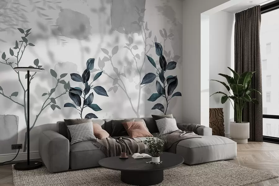 wall murals Lemon tree leaves, tree branches shadows, nature, watercolor, blue w03910v2