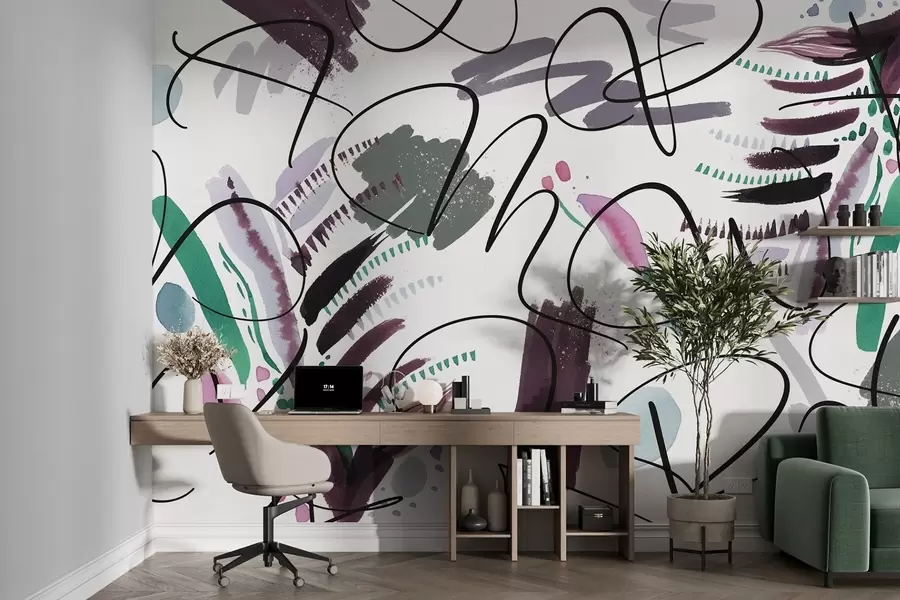 Wall Mural Photo Wallpaper Ink letters, calligraphy, brush strokes, pastel colors, abstraction w03912v1