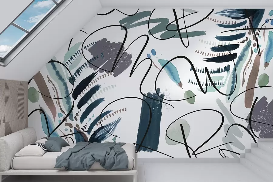 wall murals Ink letters, calligraphy, brush strokes, blue colors, abstraction w03912v2