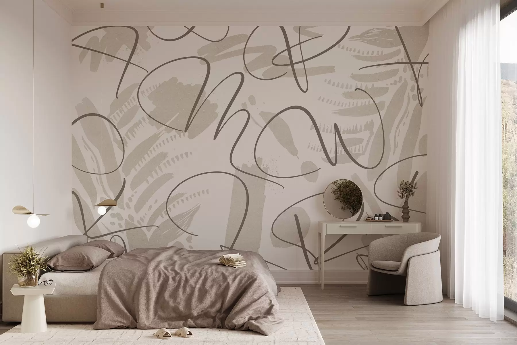 wall murals Calligraphic abstraction with letters, brush strokes, beige color w03913