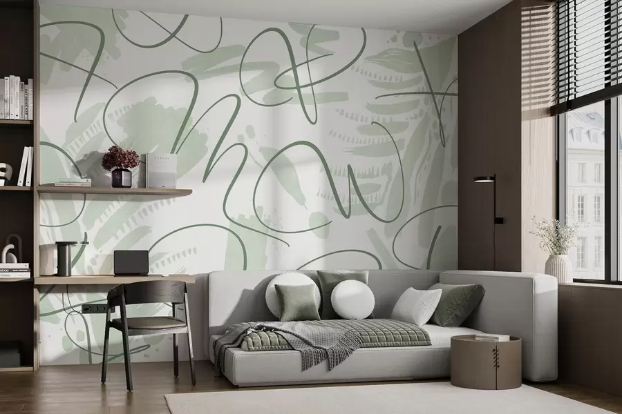 Wall Mural Photo Wallpaper Calligraphic abstraction with letters, brush strokes, green color w03913v3