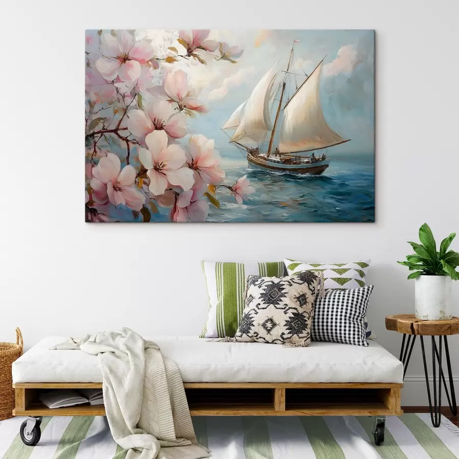 murales Barco en el mar y grandes flores s44330