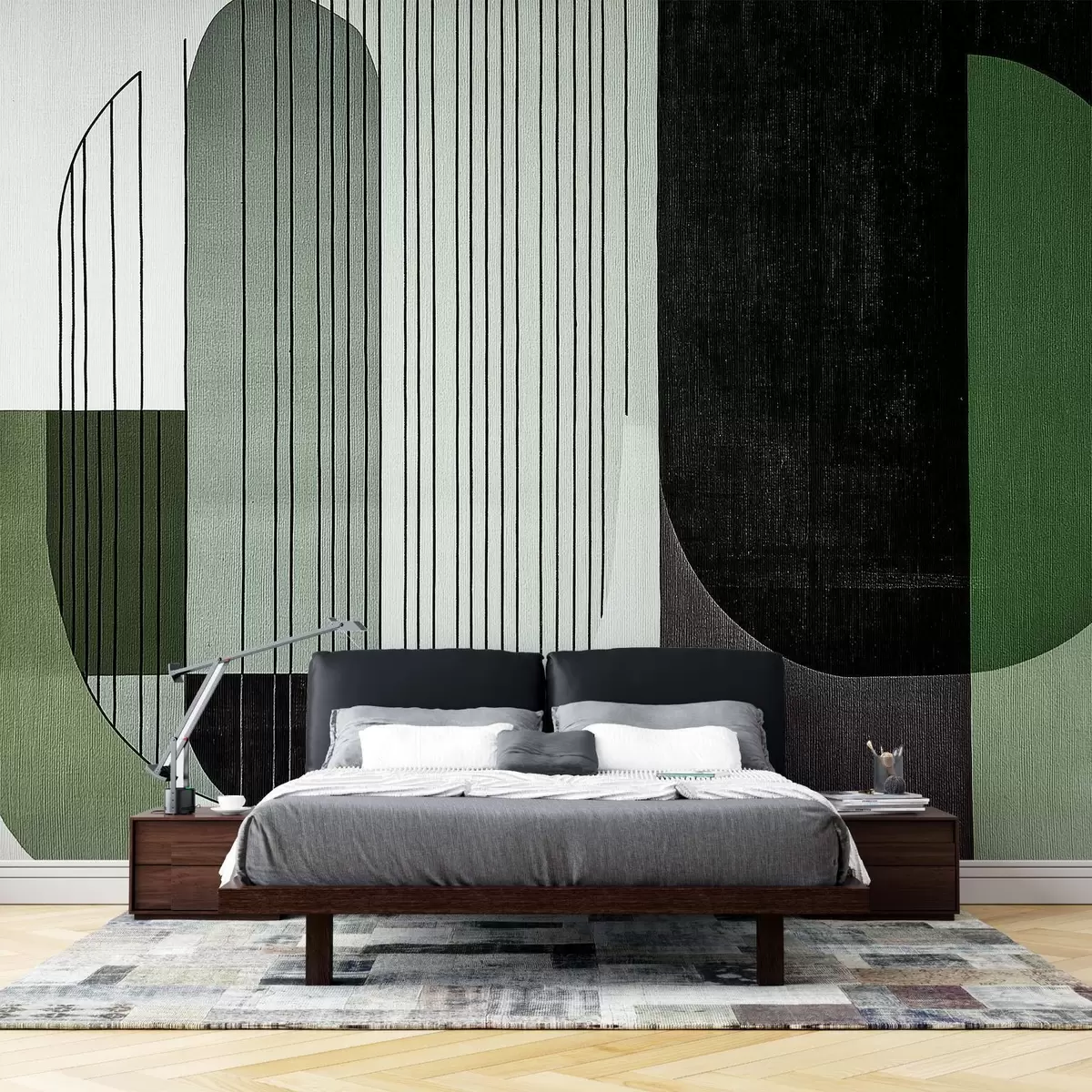 Wall Mural Photo Wallpaper modern abstract geometric composition with overlapping shapes and vertical line patterns, thin lines filling trapezoids and ovals, soft textile texture overlay, warm muted tones like olive green, taupe, beige and charcoal, subtle transparency effects between shapes w03937v3