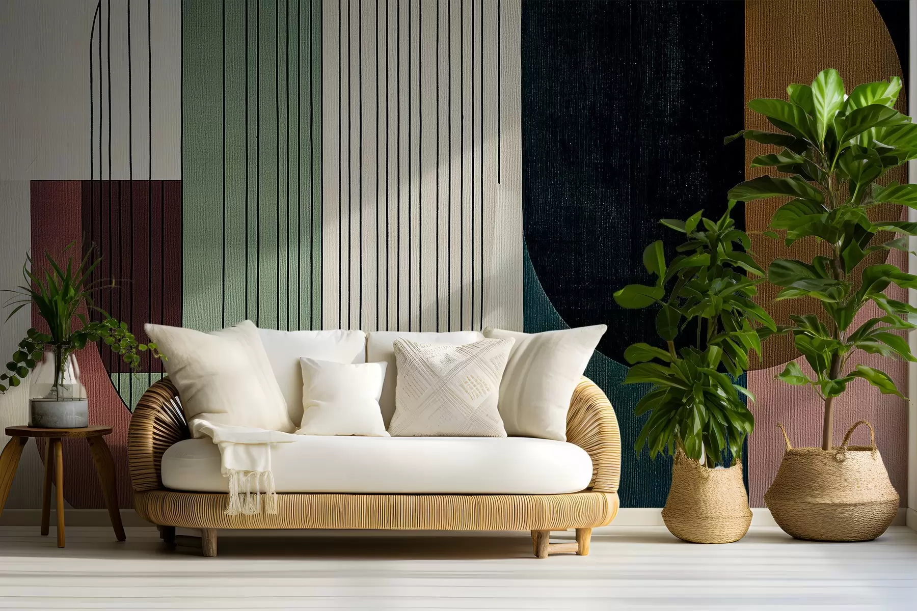 wall murals modern abstract geometric composition with overlapping shapes and vertical line patterns, thin lines filling trapezoids and ovals, soft textile texture overlay, warm muted tones like olive green, taupe, beige and charcoal, subtle transparency effects between shapes w03937v3