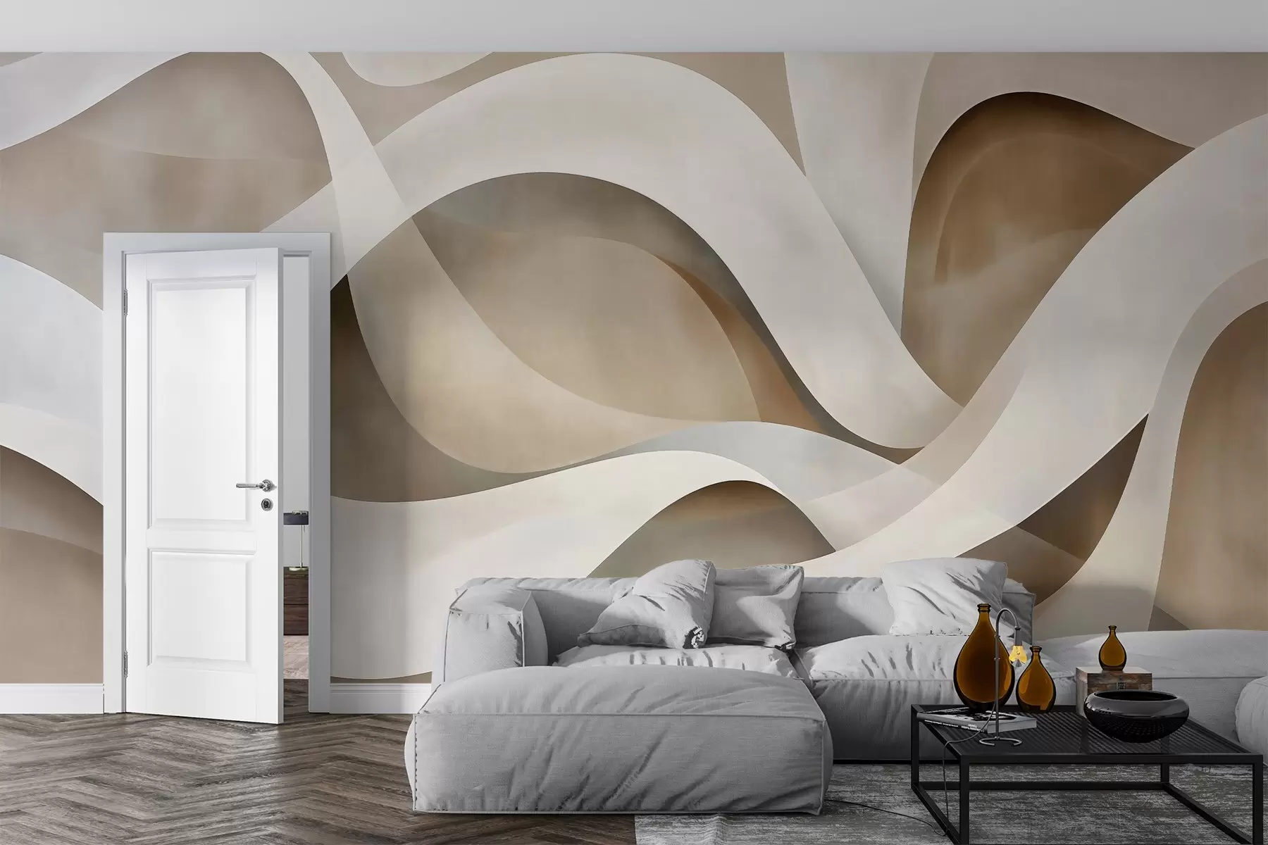 Wall Mural Photo Wallpaper abstract minimalist composition of layered organic shapes, each outlined with a soft white edge, filled with dense internal linear strokes, like fabric or paper texture, flowing curves in neutral beige, sand, stone and ivory tones, embossed appearance w03940