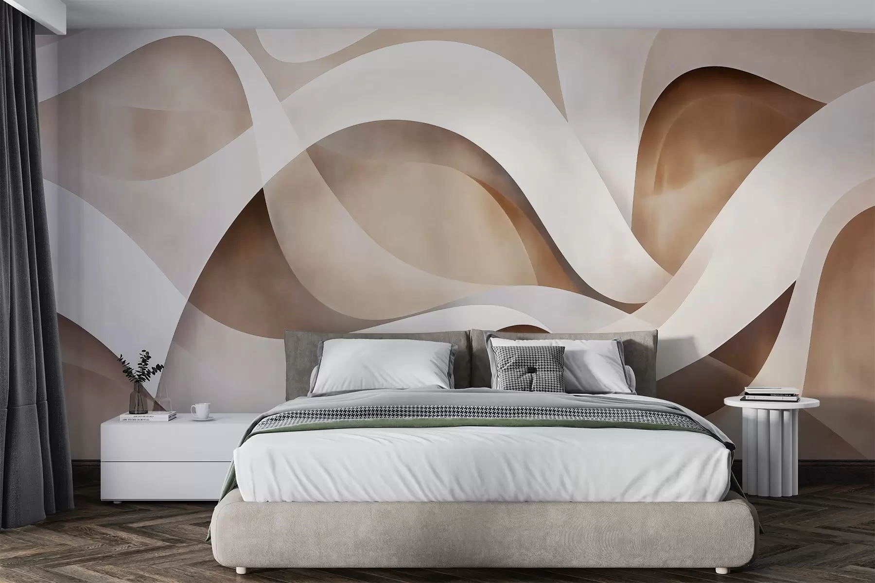 Wall Mural Photo Wallpaper abstract minimalist composition of layered organic shapes, each outlined with a soft white edge, filled with dense internal linear strokes, like fabric or paper texture, flowing curves in neutral beige, sand, stone and ivory tones, embossed appearance w03940v1