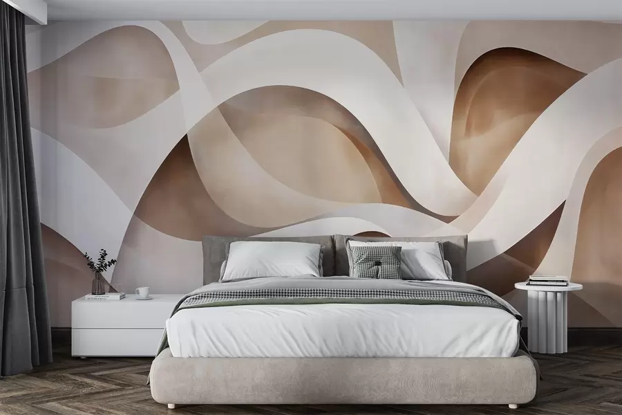 peintures murales composition abstraite minimaliste de formes organiques superposées, chacune soulignée par un bord blanc doux, remplie de traits linéaires internes denses, comme une texture de tissu ou de papier, des courbes fluides dans des tons neutres de beige, de sable, de pierre et d'ivoire, aspect gaufré w03940v1