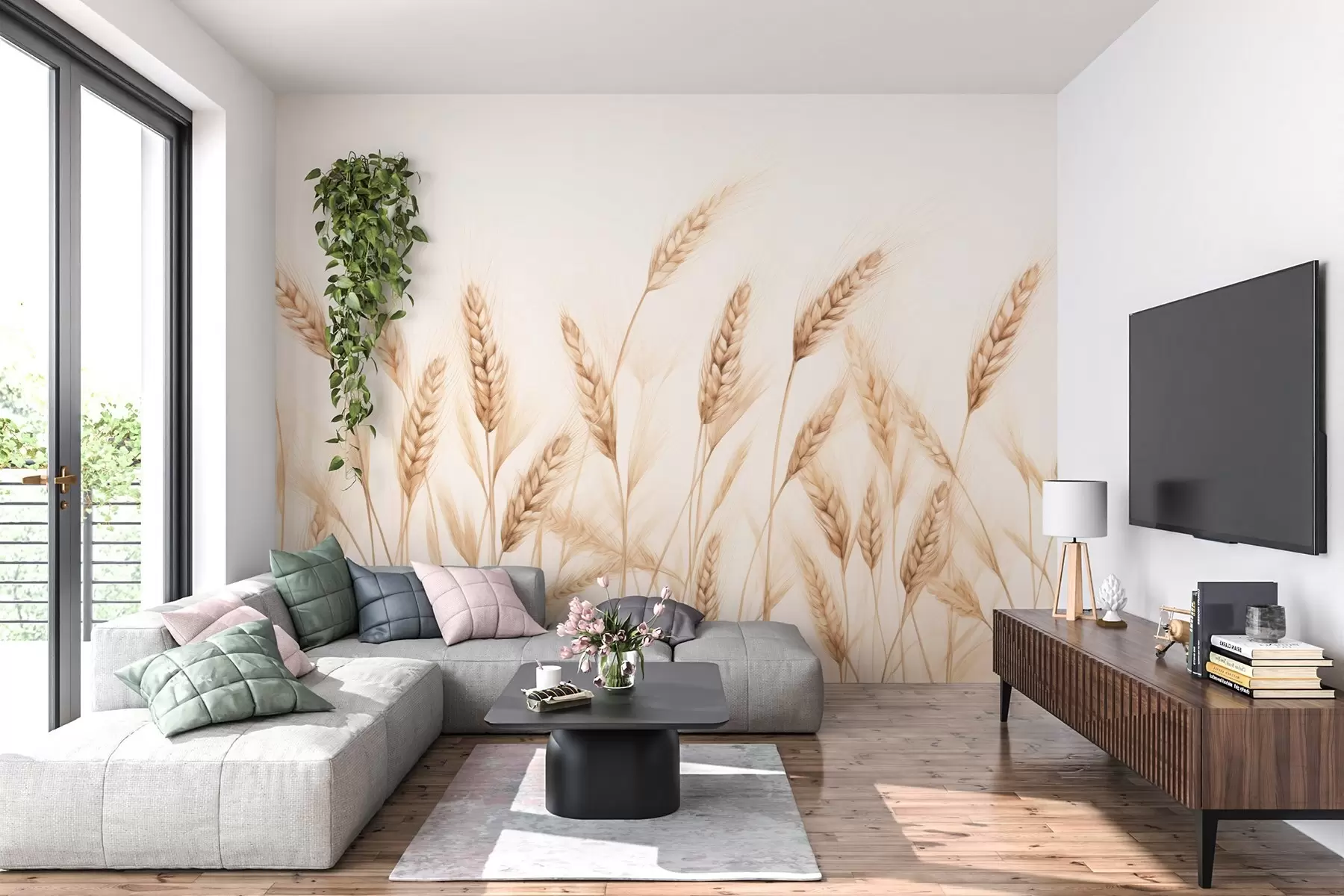 wall murals delicate botanical illustration of wheat stalks, hand-drawn style, fine lines with pastel chalk texture, soft sepia and earthy brown tones, white background, symmetrical elegant composition, natural sketch aesthetic w03943