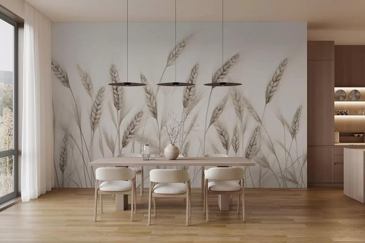 Wall Mural Photo Wallpaper delicate botanical illustration of wheat stalks, hand-drawn style, fine lines with pastel chalk texture, soft sepia and earthy brown tones, white background, symmetrical elegant composition, natural sketch aesthetic w03943v1