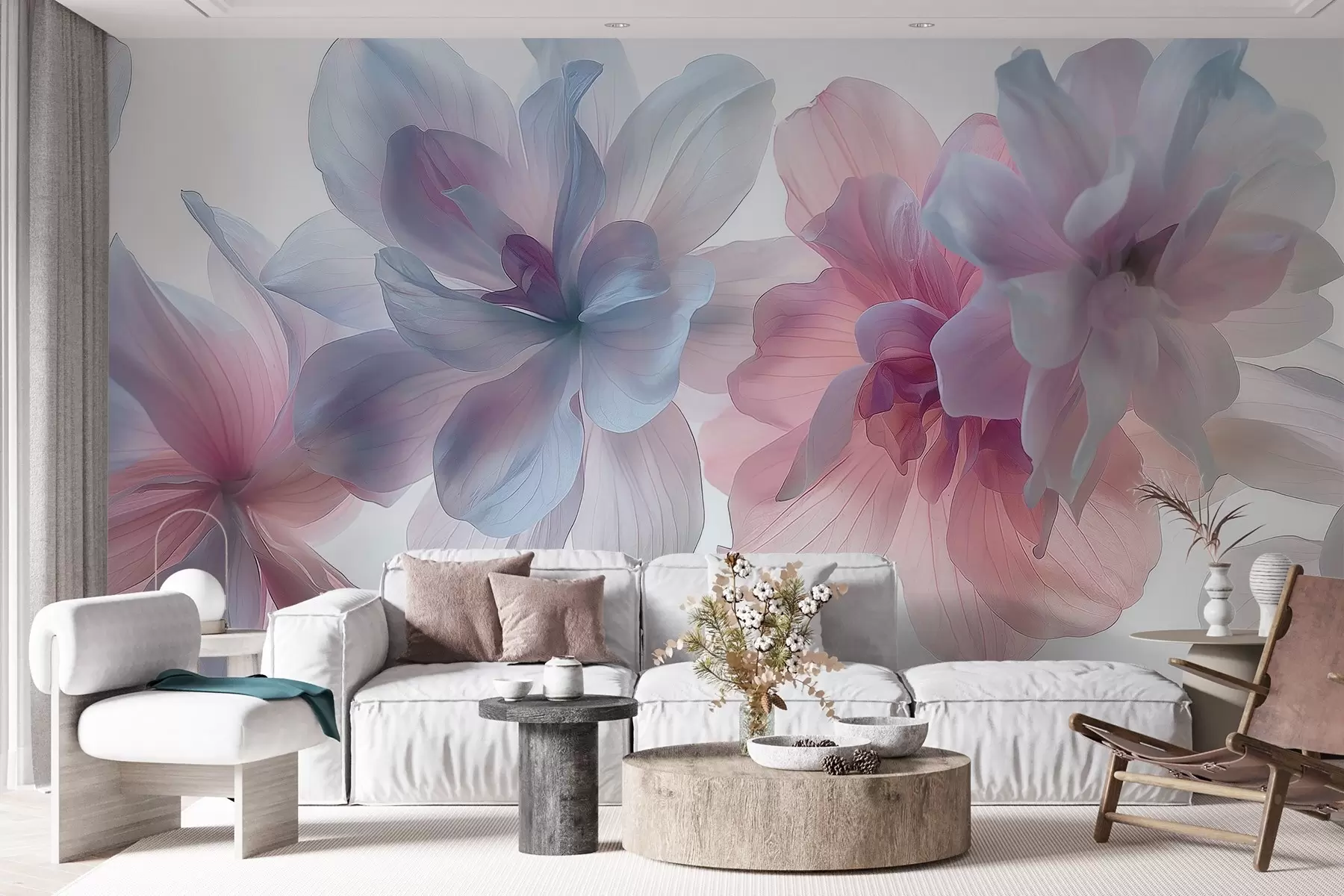 Wall Mural Photo Wallpaper hyper-realistic pastel flowers floating in white space, delicate petals, ethereal lighting, detailed botanical artwork, w03946