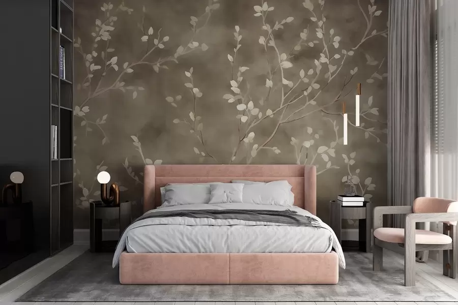 wall murals minimalist hand-painted wallpaper design of soft white tree branches with delicate leaves, branching organically across a muted sage green background, fine botanical linework in natural flow w03949v1
