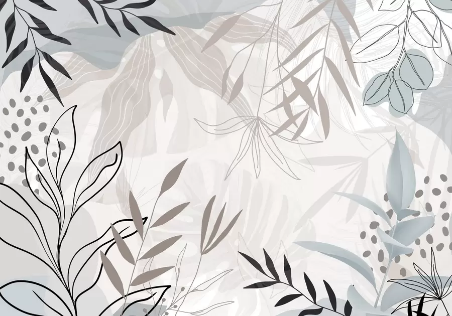 peintures murales Motif floral abstrait moderne avec des feuilles pastel beiges, grises, bleues et noires, un dessin au trait délicat et un arrière-plan doux w09105