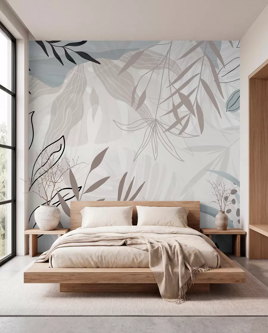 wall murals Abstract floral modern design with pastel beige, gray, blue and black leaves, delicate line art and soft background w09105