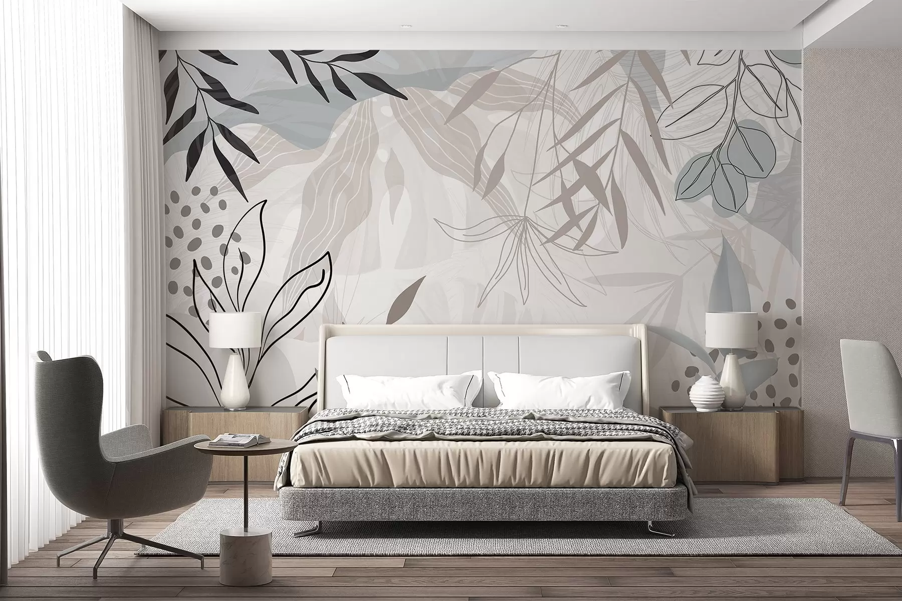 murales Diseño floral abstracto moderno con hojas de color beige pastel, gris, azul y negro, delicado arte lineal y fondo suave w09105